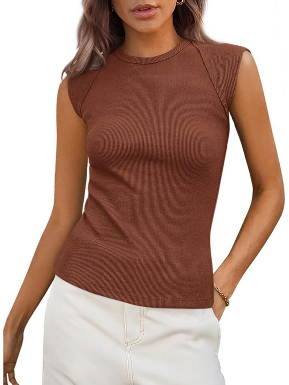 Women's Brown Cap Sleeve Slim Fitted Knit Basic Casual Tee Shirts Tank Tops